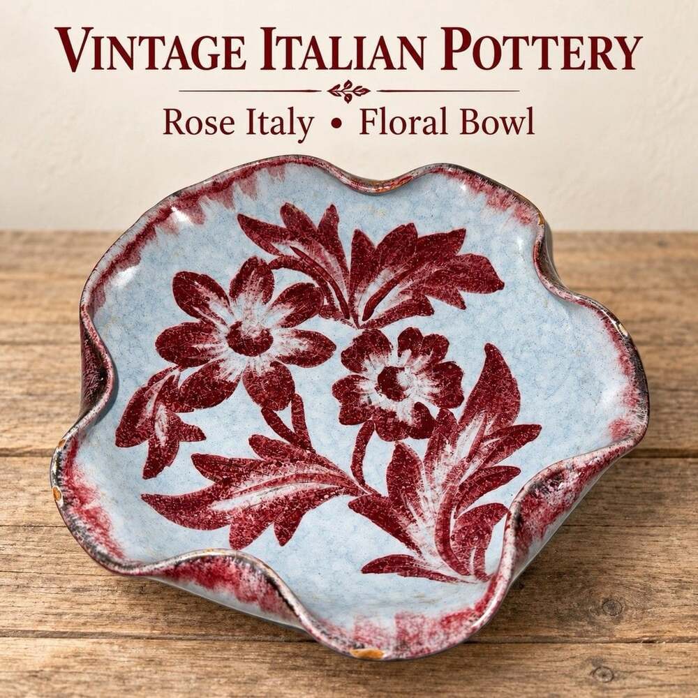 Vintage Rose Italy Art Pottery Bowl Blue Red Floral Scalloped Rim 8 Inch
